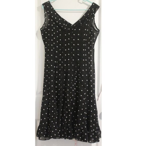 Sandra Darren Brown Polka dot Ruffled Hem Sheer Midi Dress Black Paneled Sz M - Picture 2 of 11